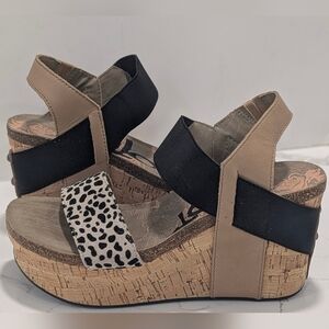 OTBT Bushnell wedge sandals leopard black Leather Platform Cork Ankl Straps 6.5